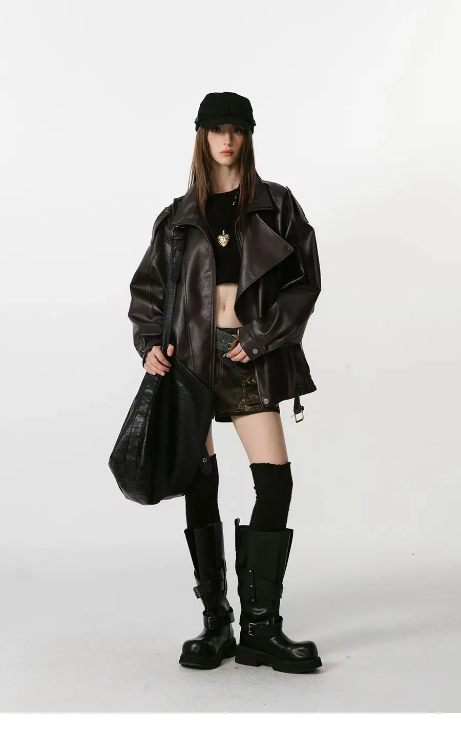 Women's Faux Leather Jacket – Loose Fit Zip Front