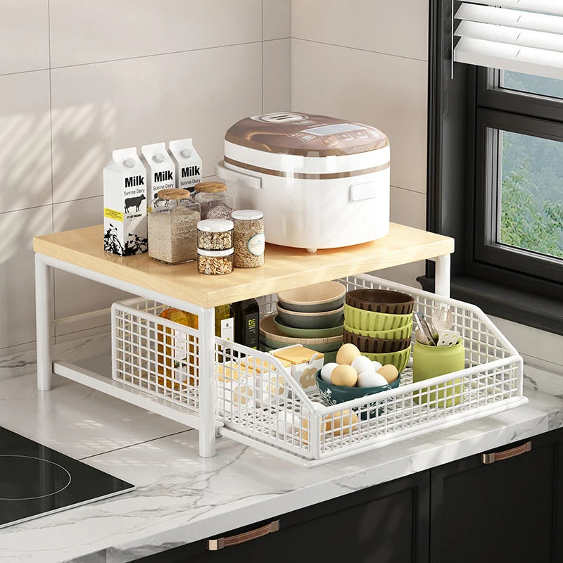 2-Tier Iron Countertop Organizer Shelf with Pull-Out Basket – Multi-Use Stand for Coffee Machine, Microwave & Spices