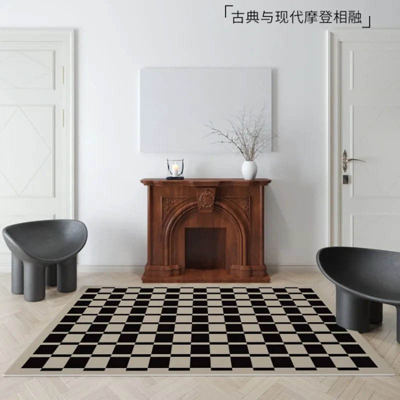 French Retro Checkerboard Plush Rug – Large Area Plaid Carpet for Bedroom & Living Room, 20 Styles & 10 Sizes