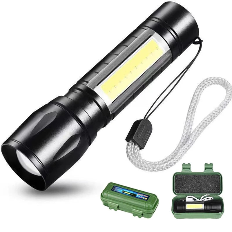 Mini COB+XPE LED Flashlight – USB Rechargeable, Zoomable, 3 Modes with Pocket Clip for Camping & EDC