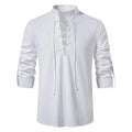 Men's Cotton Linen Drawstring Long Sleeve Shirt — Vintage Casual US Size Top