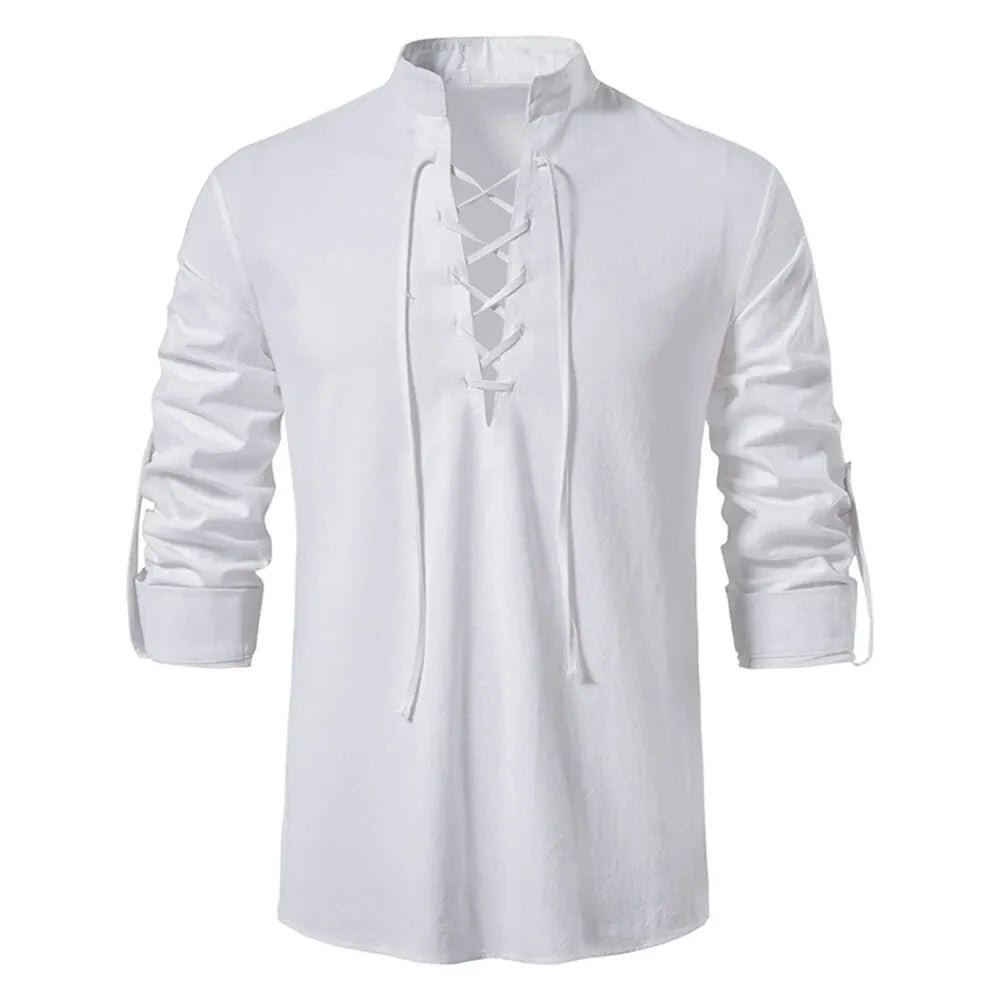 Men's Cotton Linen Drawstring Long Sleeve Shirt — Vintage Casual US Size Top