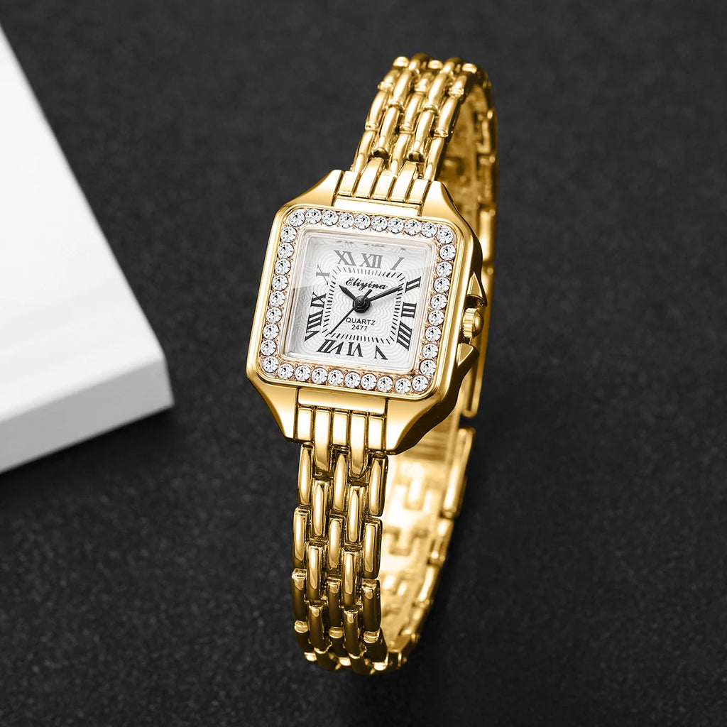 Women's Elegant Rhinestone Square Quartz Watch | Roma Dial Fashion Ladies Wristwatch