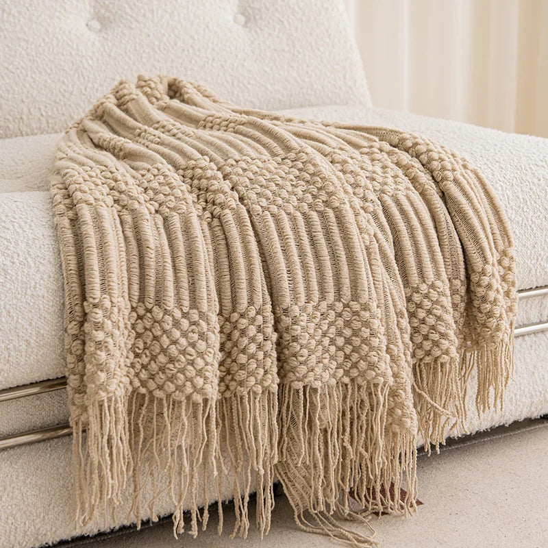 Knitted Acrylic Throw Blanket with Tassels – Chunky Farmhouse Style, 28 Colors & 2 Sizes