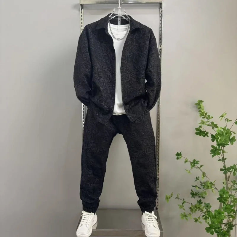 Men's Sporty Lapel Jacquard Long Sleeve Shirt & Pants 2-Piece Set – Spring Autumn Fashion