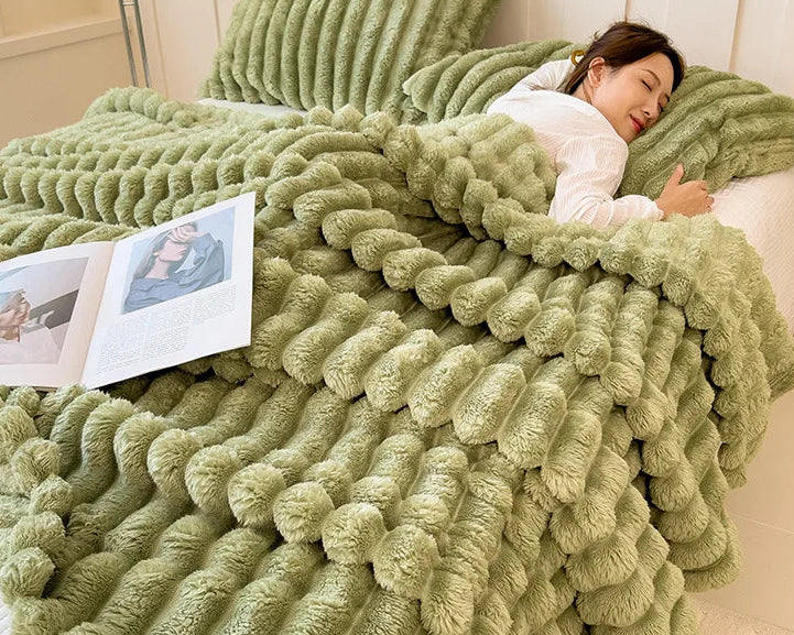 Striped Plush Blanket – Soft Faux Rabbit Fur Throw