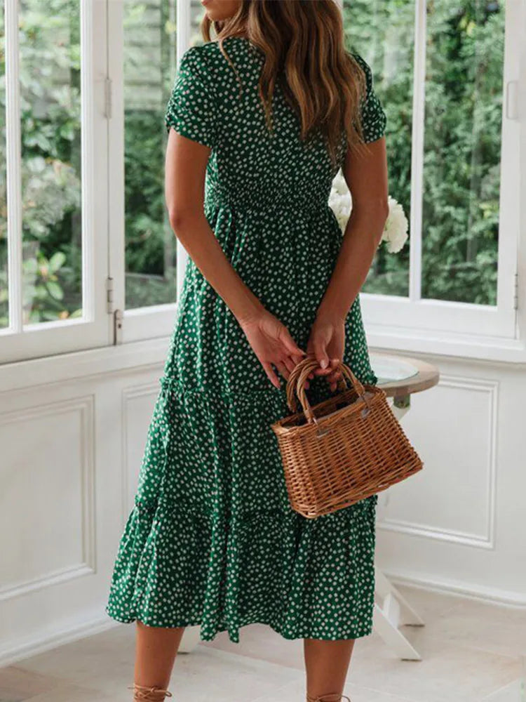 Women's Vintage Floral Puff Sleeve Maxi Beach Dress – Square Collar Casual Long Dress