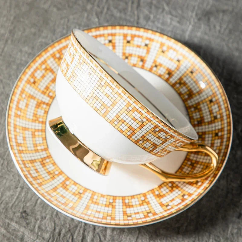 Ceramic Teacup & Saucer – Gold-Tone Mosaic, 220ml