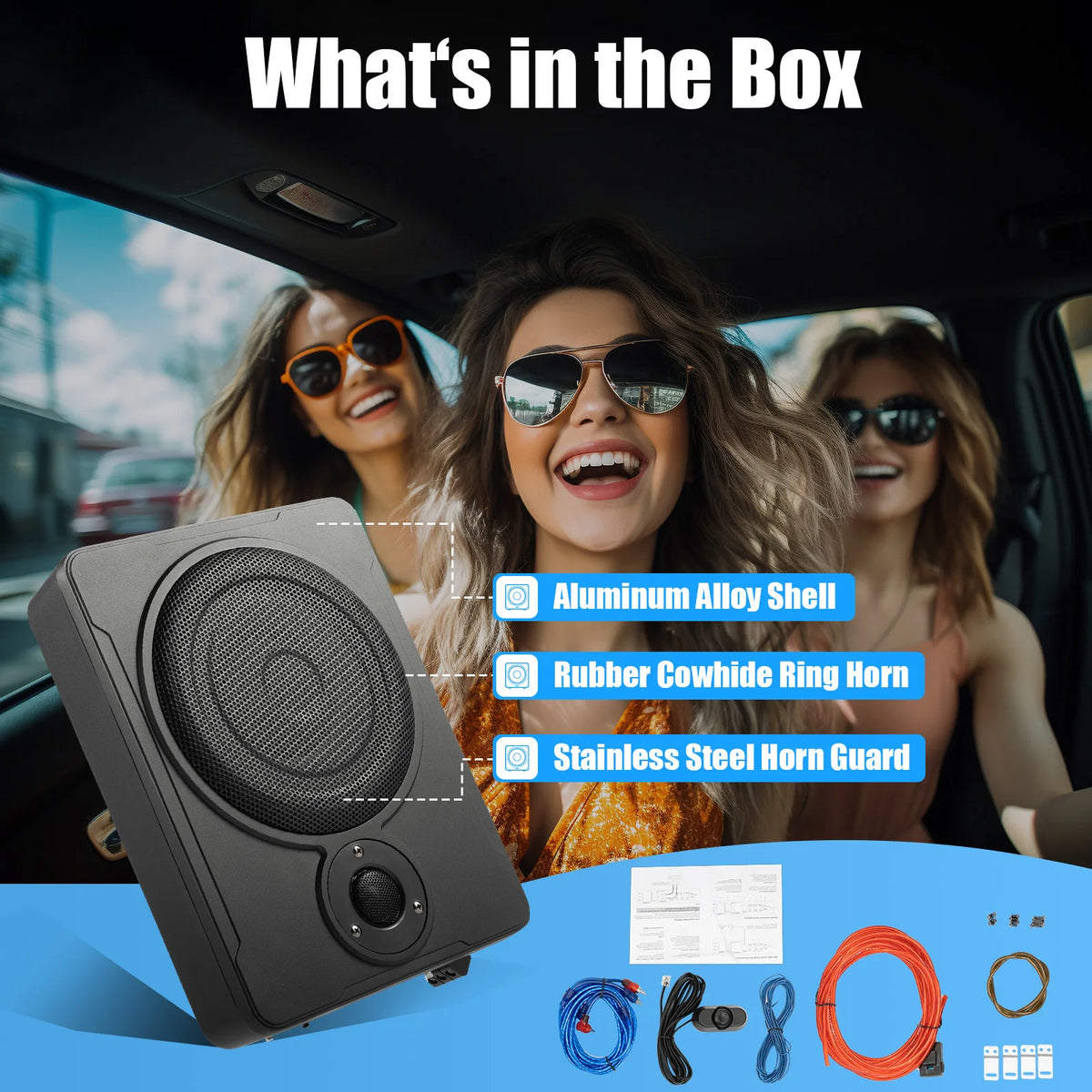 Car subwoofer with features listed, people in a car enjoying music, and additional components displayed.