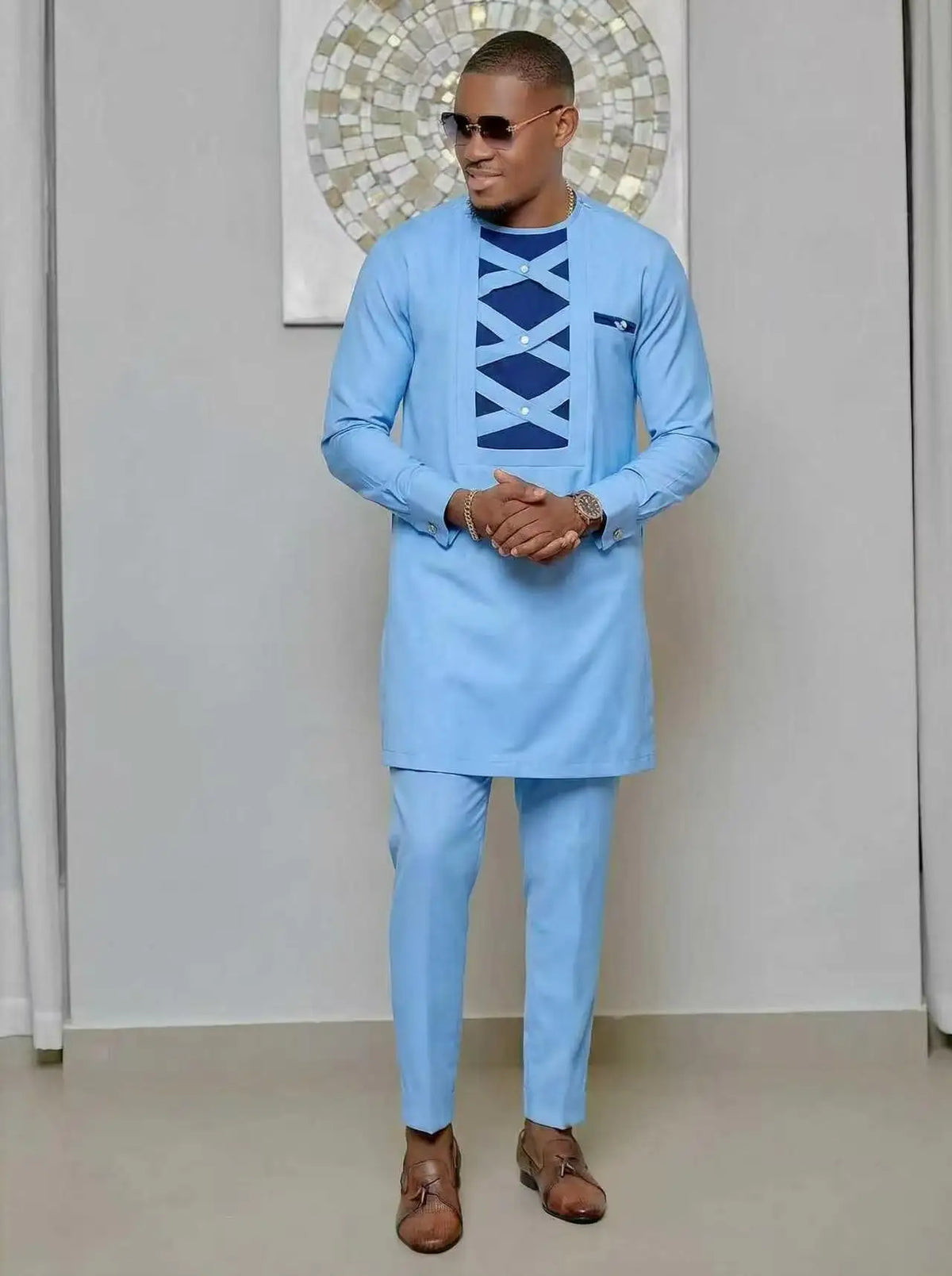 Men's African Kaunda Kaftan Long Sleeve Top & Pants 2-Piece Suit – Traditional Ethnic Wear