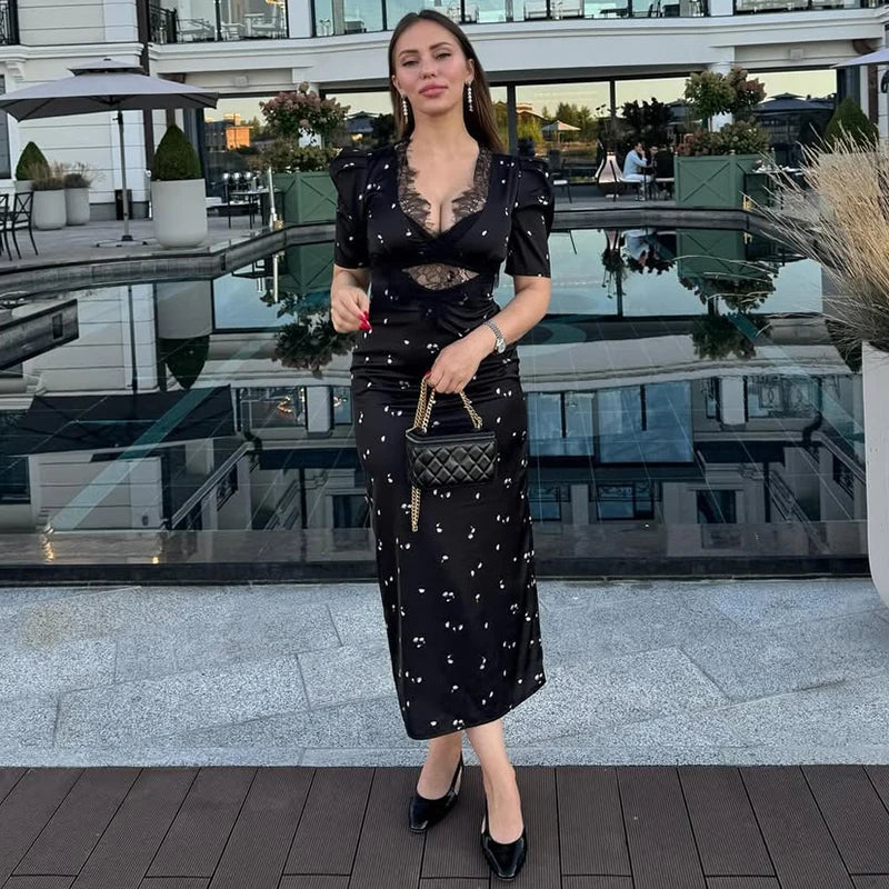 TARUXY Sexy Hollow Lace Dress – Short Sleeve Elegant High Waist Slim Print Summer Party Club Dress
