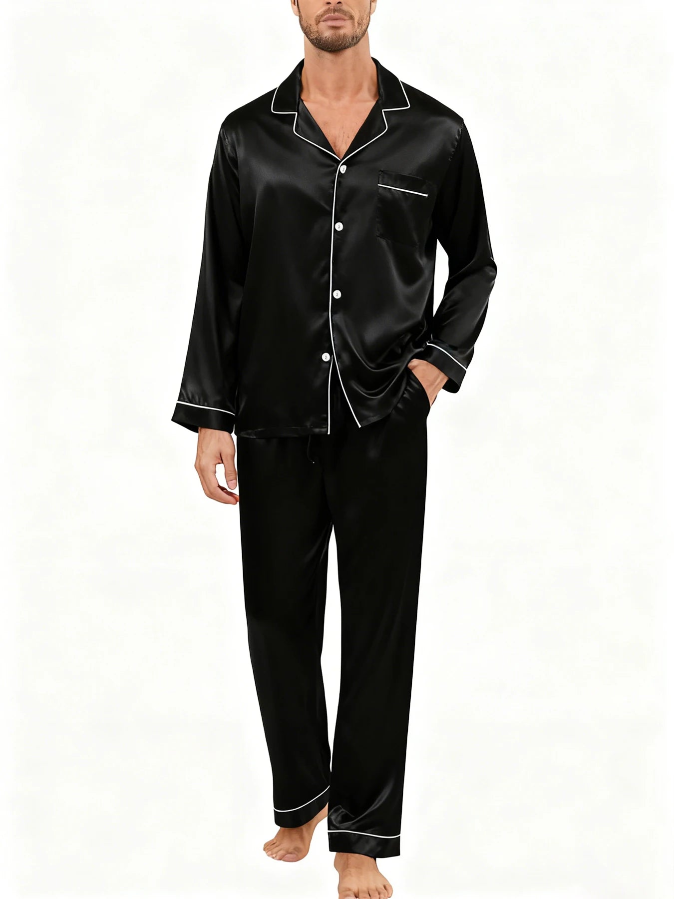 Men's Luxury Contrast Trim Pajama Set — Long Sleeve Top & Pants