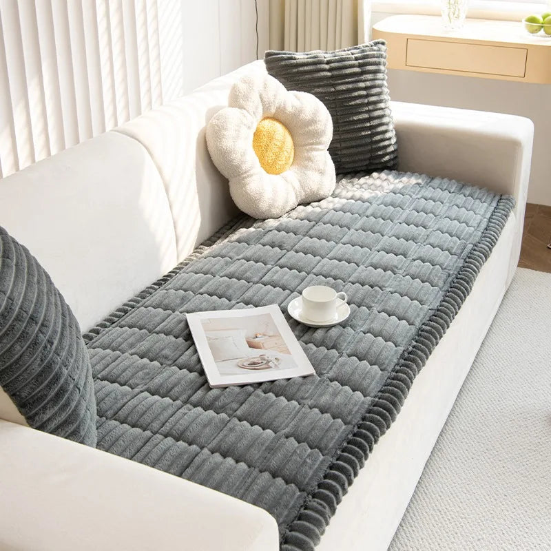 Quilted Stripe Flannel Sofa Pad – Thickened Winter Sofa Cover, Slipcover & Multiuse Sofa Towel