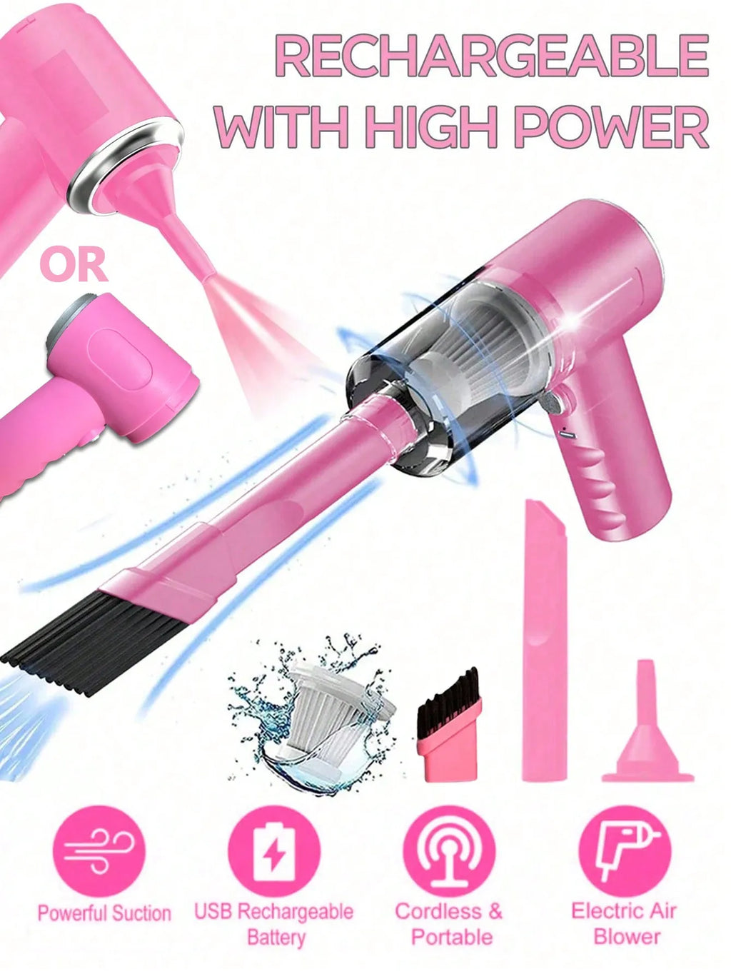 3-in-1 Suction & Blowing Vacuum Cleaner — USB Charging Portable Car & Home Vacuum with 3 Blow Nozzles