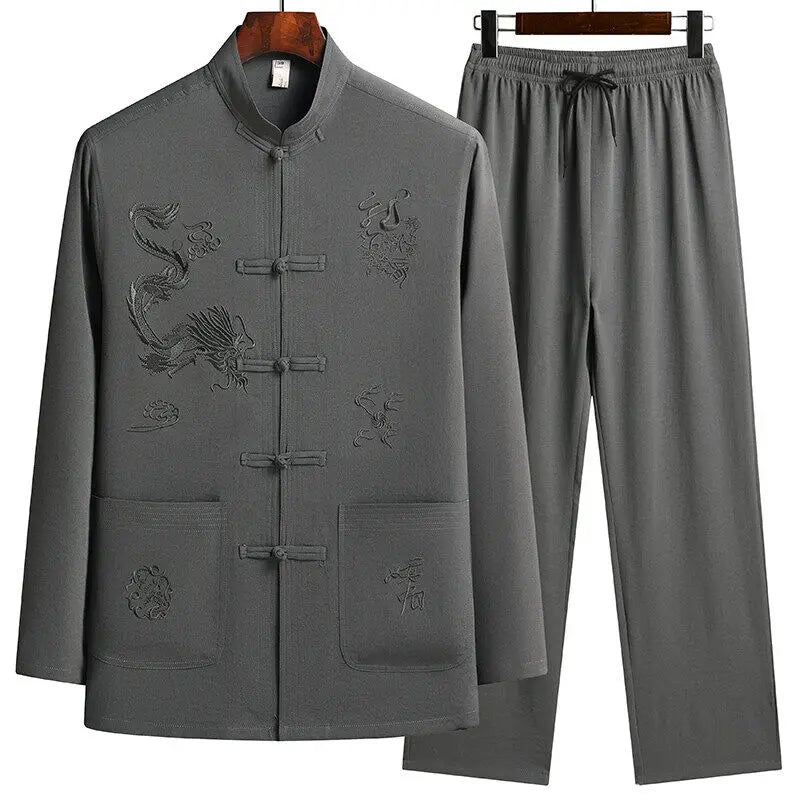 Men's Chinese Style Long Sleeve Shirt & Elastic Waist Pants Casual Set