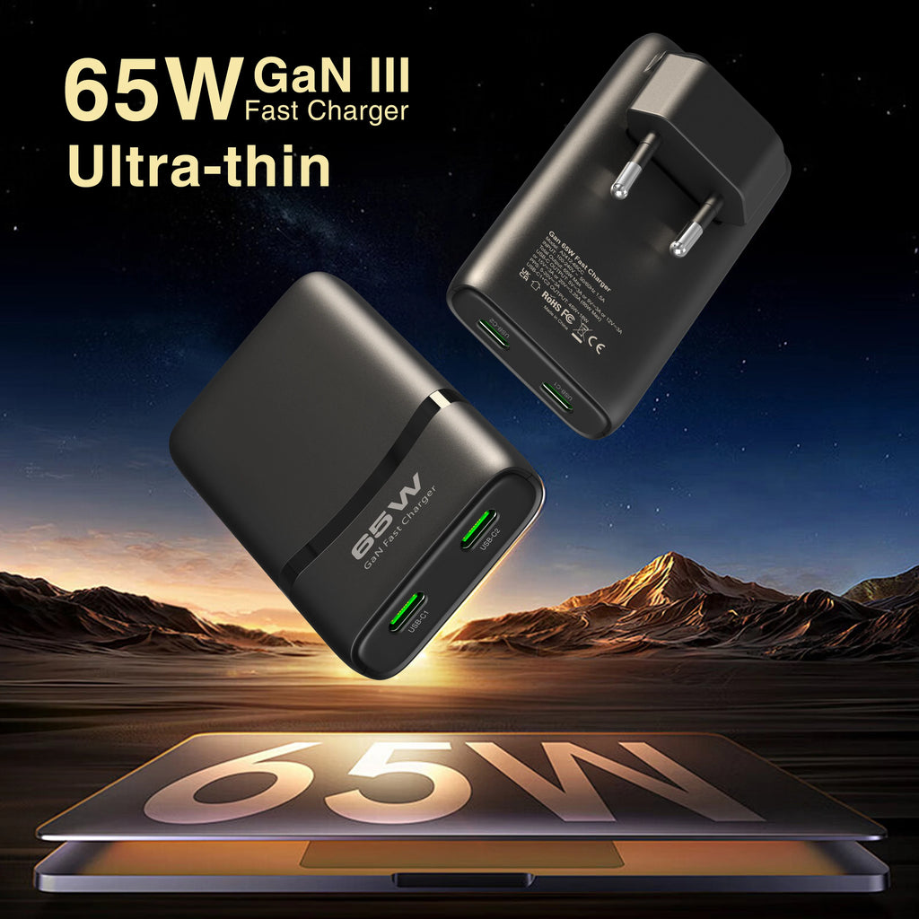 65W Flat GaN USB-C Charger — Ultra-Slim Fast Charging Adapter for Laptop, Phone & Tablet