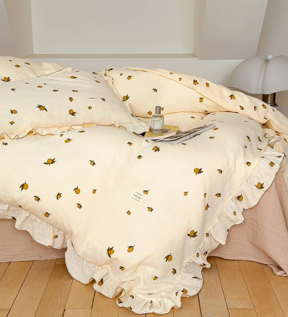 Princess Ruffle Bedding Set – 100% Cotton Gauze Duvet Cover with Pillowcases, Floral, 3-Piece