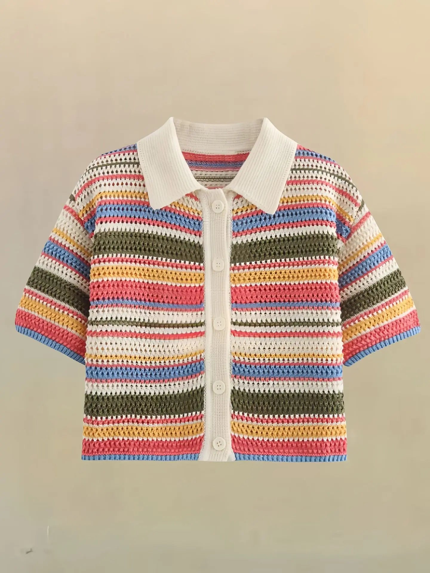 Women's Y2K Crochet Knit Crop Sweater & Shorts Set – Polo Collar Striped Patchwork Hollow Out