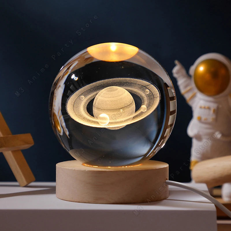 3D Crystal Ball Galaxy Night Light — LED Saturn Moon Lamp, Kids Birthday Gift
