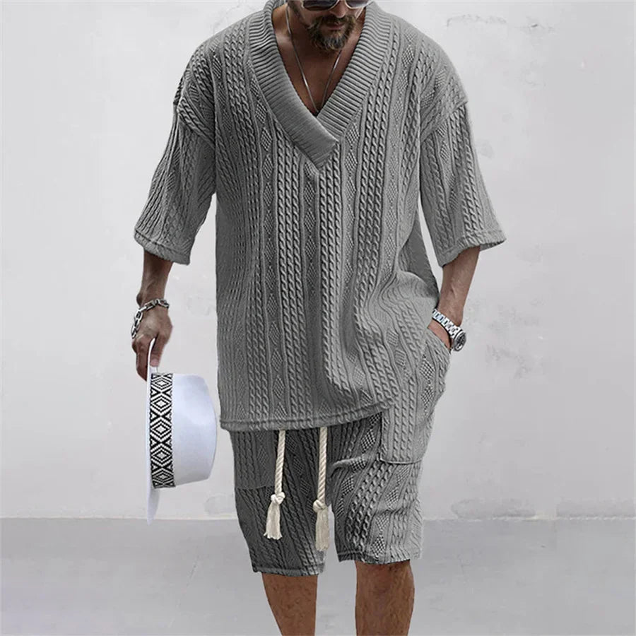 Men's Knitted V-Neck T-Shirt & Shorts Set – Casual Streetwear 2-Piece Outfit