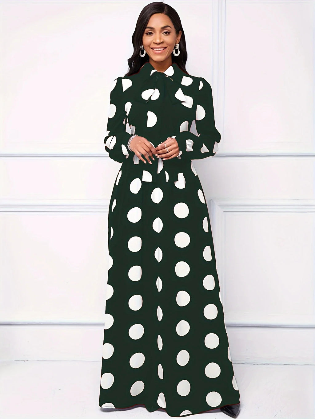 Bow Knot Polka Dot Maxi Dress — Long Sleeve Elegant Casual Lady Dress