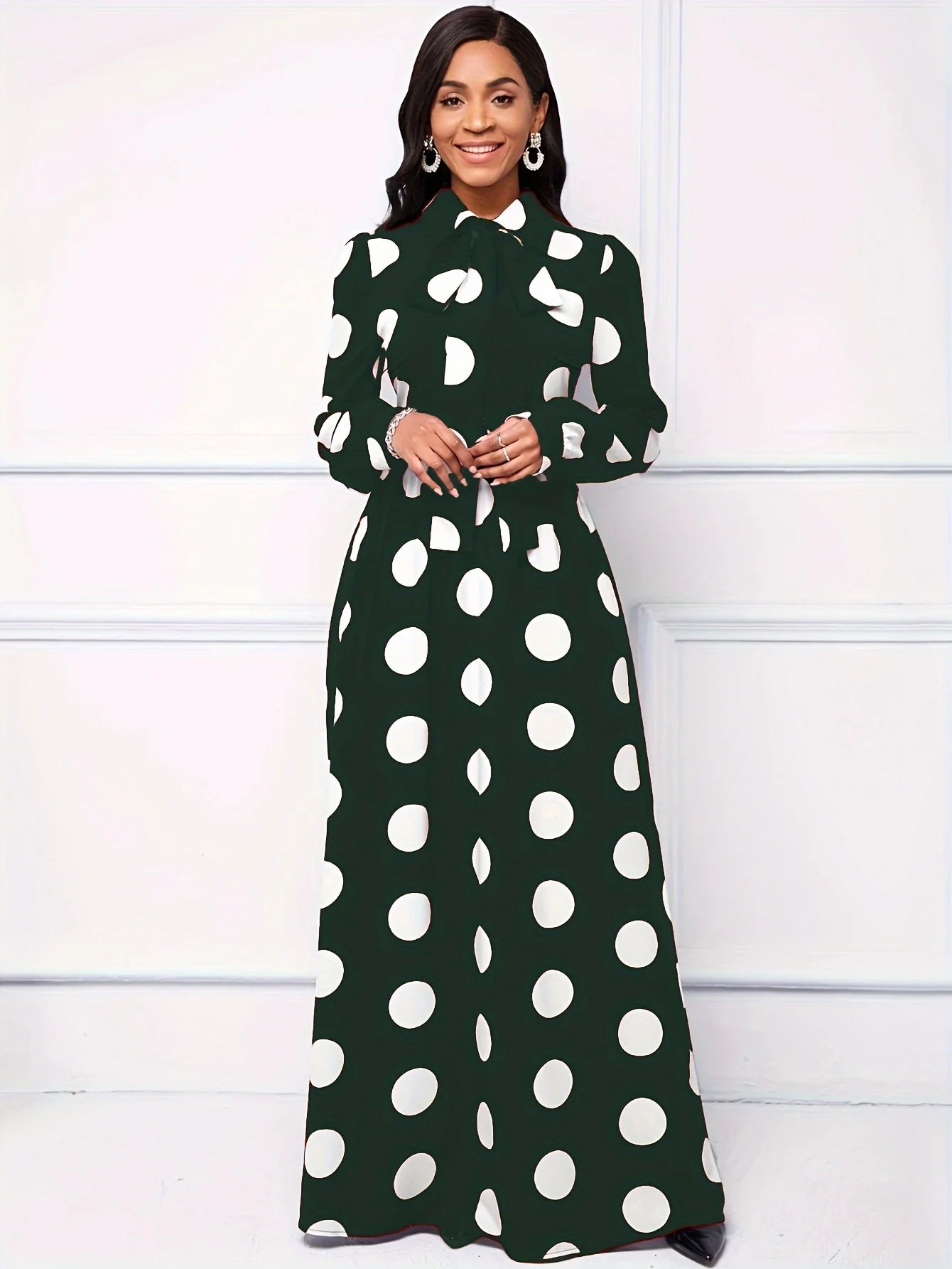 Bow Knot Polka Dot Maxi Dress — Long Sleeve Elegant Casual Lady Dress