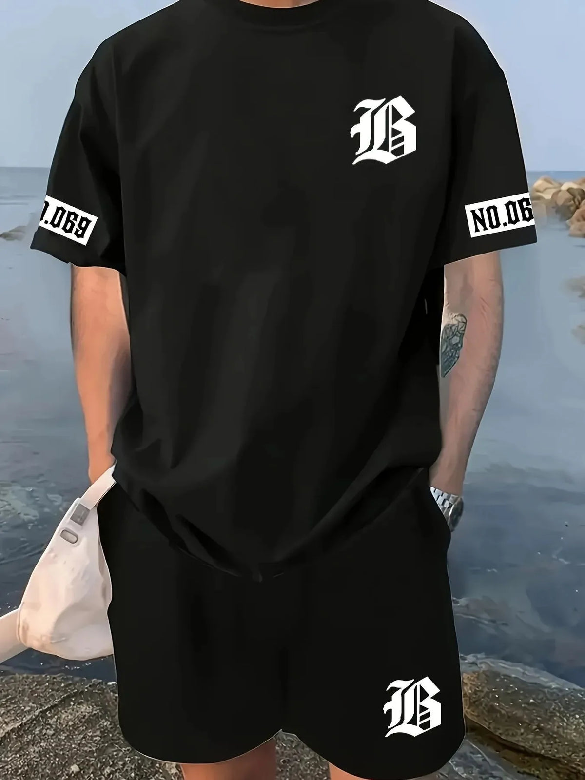 Men's Letter Print T-Shirt & Drawstring Shorts Outdoor Sports Set