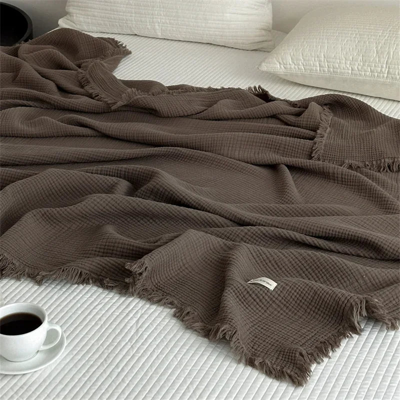 100% Cotton Tassel Blanket – Skin-Friendly Plaid Sofa Throw & Bed Shawl, Solid Color