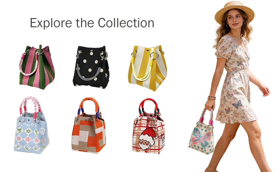 Mini Knitted Geometric Colorblock Bucket Bag – Detachable Handle Wristlet Purse for Women