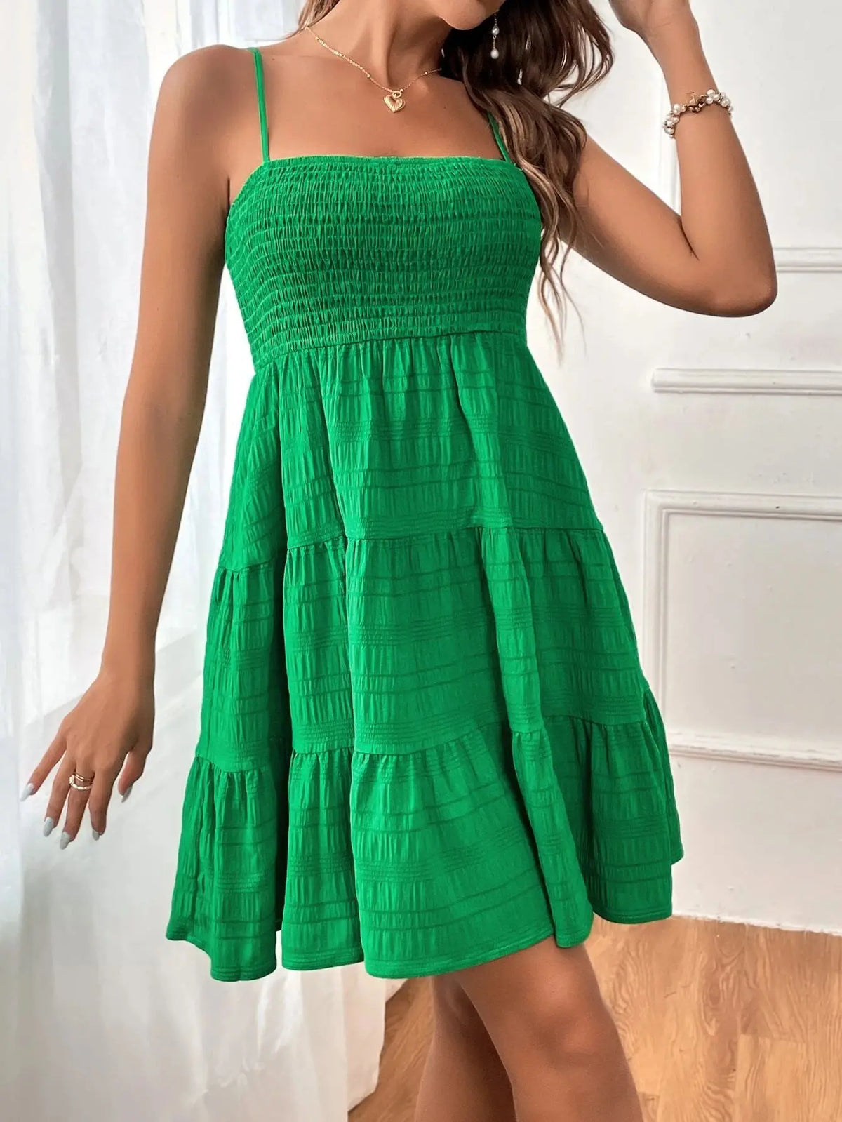 Women's Smocked Bustier Ruffled Tiered Swing Mini Dress – Spaghetti Strap Beach Vacation Dress