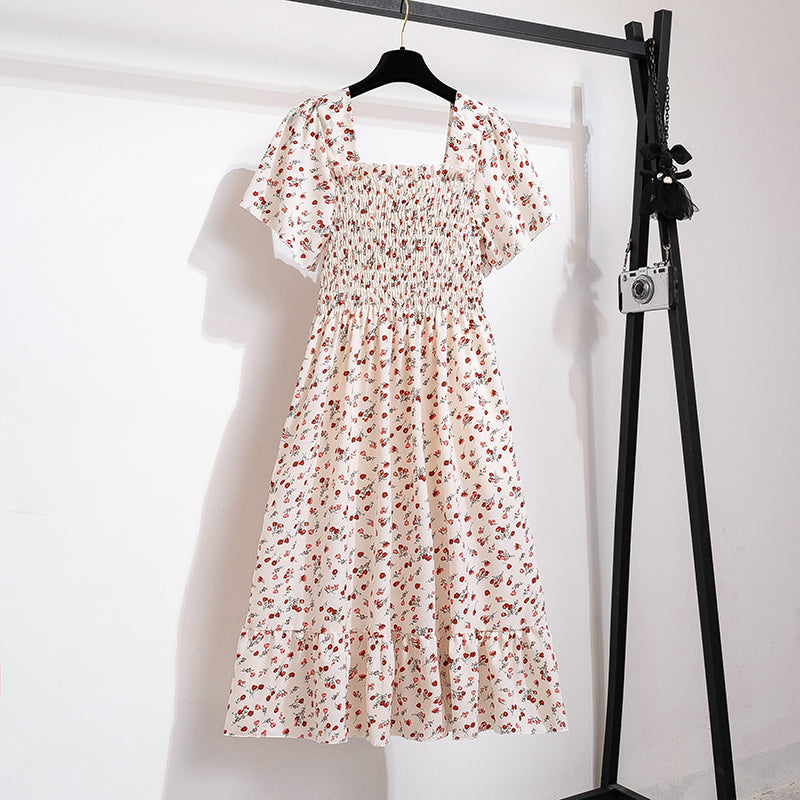 Women's Chiffon Floral Pleated Midi Dress – Short Sleeve Elastic Waist Backless Casual Dress