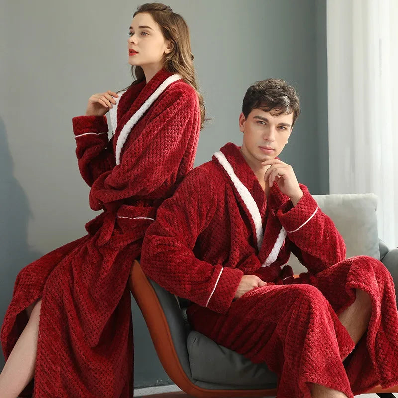 Thicken Flannel Couple Robe with Pockets | Long Winter Bathrobe Gown for Men & Women