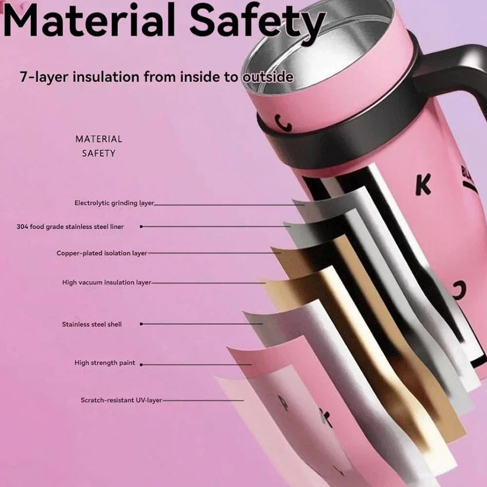 1200ml Stainless Steel Vacuum Insulated Tumbler with Straw – 6–12Hr Thermal, CIQ Certified, Outdoor & Travel, Pink & Black