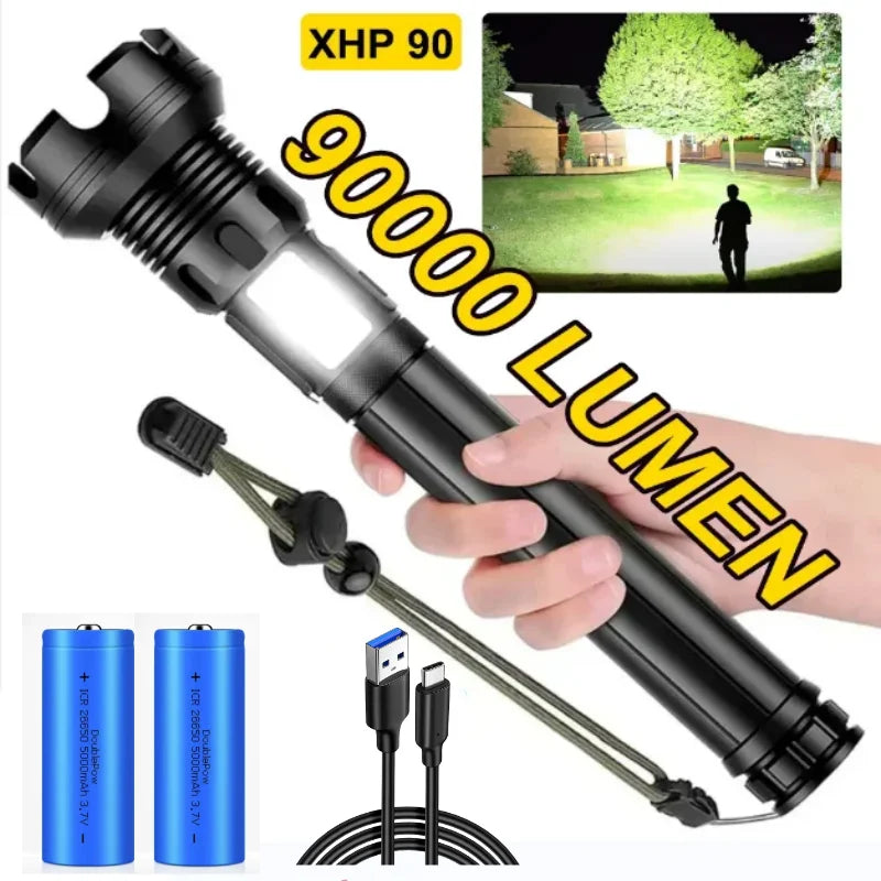 90000 Lumens XHP90 LED Tactical Flashlight – Rechargeable USB Zoomable 7-Mode Torch