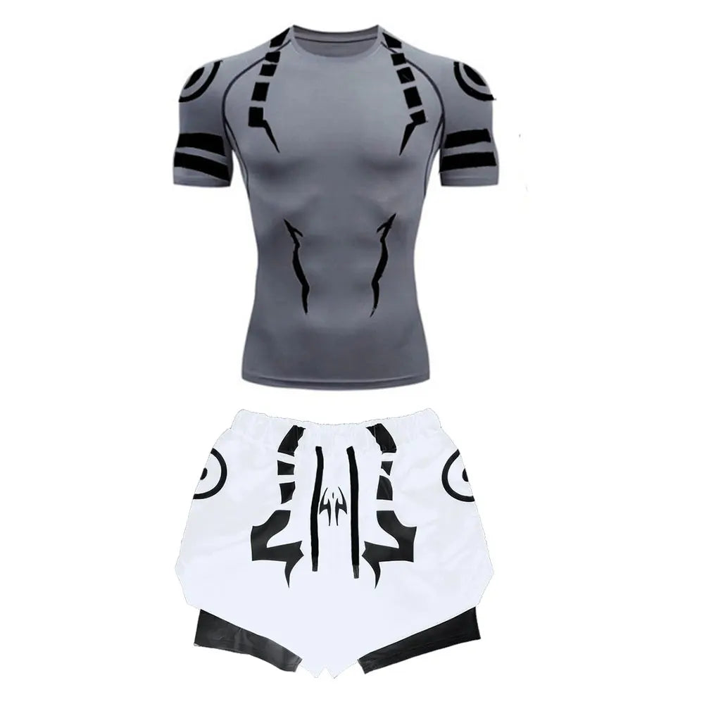 Anime Jujutsu Kaisen 3D Compression Shirt & Gym Shorts – Quick Dry Running Workout Sportswear