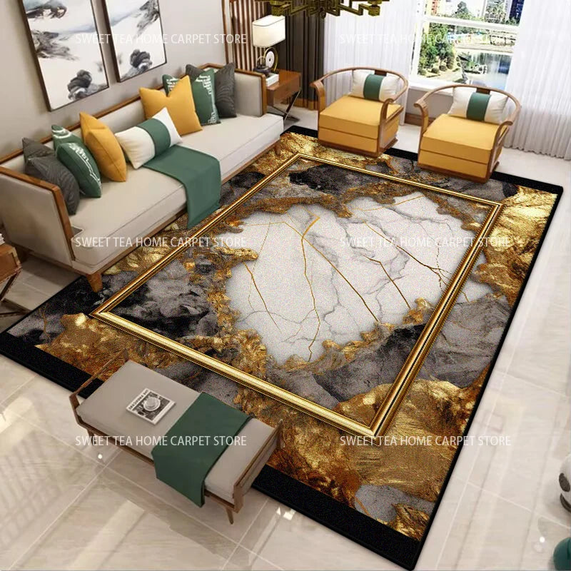 Modern Golden Frame Luxury Carpet – Washable Large Area Rug for Living Room & Bedroom