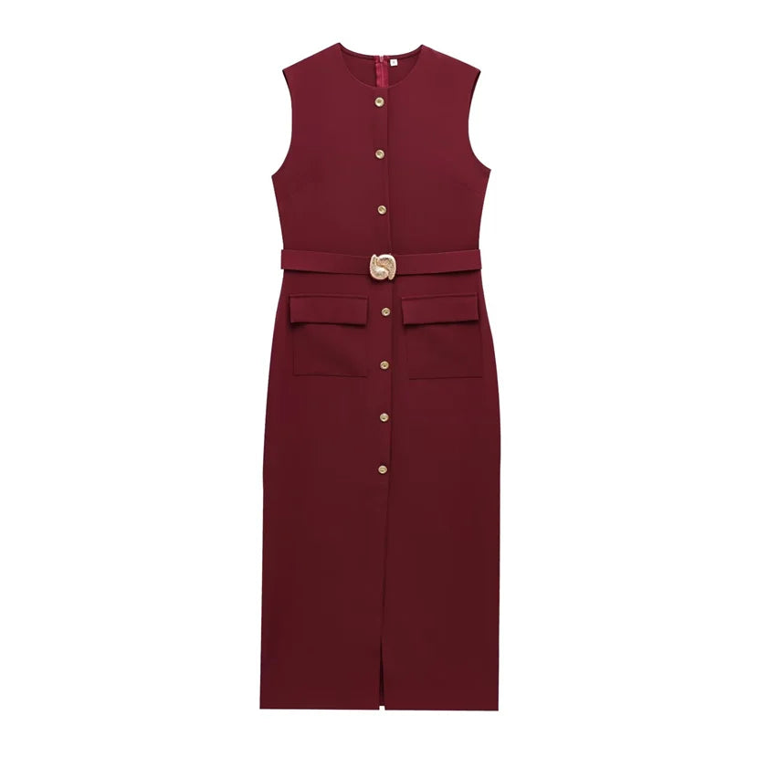 Button-Up Sleeveless Sundress — Slim A-Line Midi Casual Elegant Dress