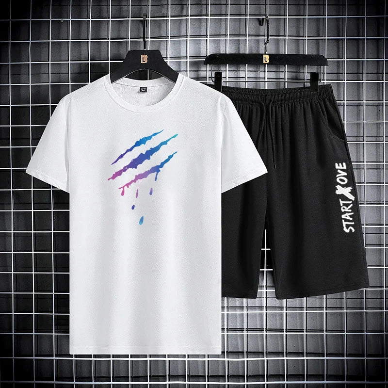Men's Print Short Sleeve T-Shirt & Elastic Waist Shorts Casual Summer Set