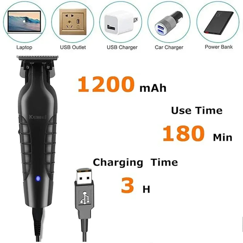 Kemei KM-2299 Cordless Hair Clipper – USB Fast Charge, 180-Min Runtime, Auto Power Adjust