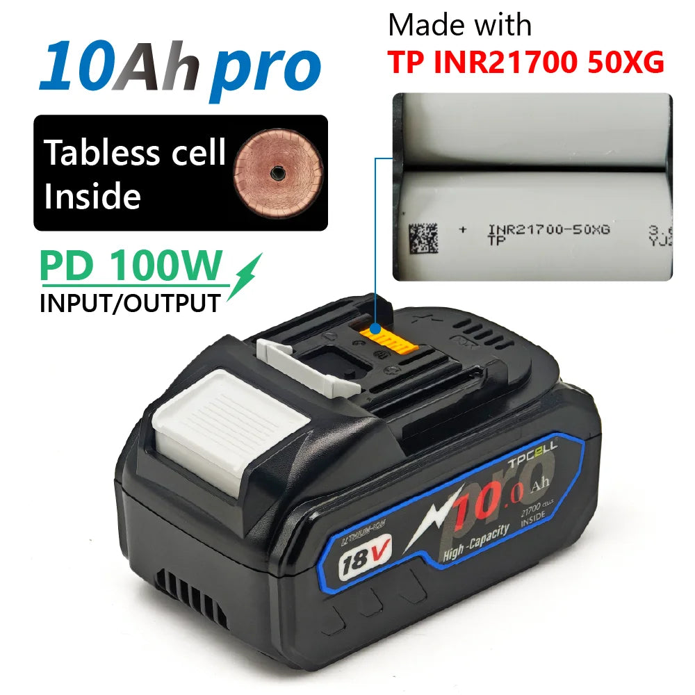 TPCELL PD100W Makita 18V Replacement Battery – 8Ah/10Ah Li-ion with USB-C Connector & 21700 Tabless Cells