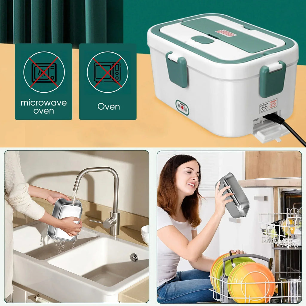 Portable kitchen appliance with usage instructions and scenarios on a green background