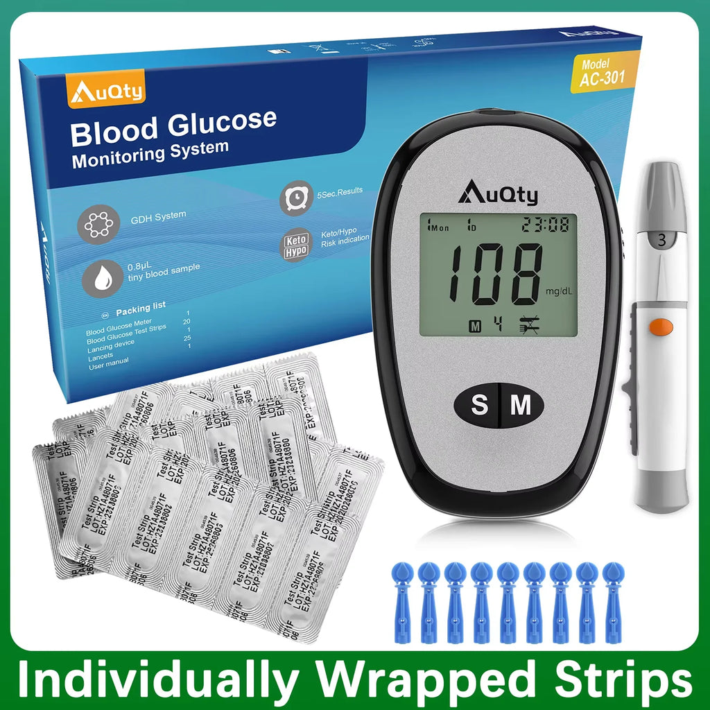 Wcore AC-301 Blood Glucose Meter Kit – Individually Wrapped Test Strips, Ketone Warning, mg/dL & mmol/L, 5-Second Results