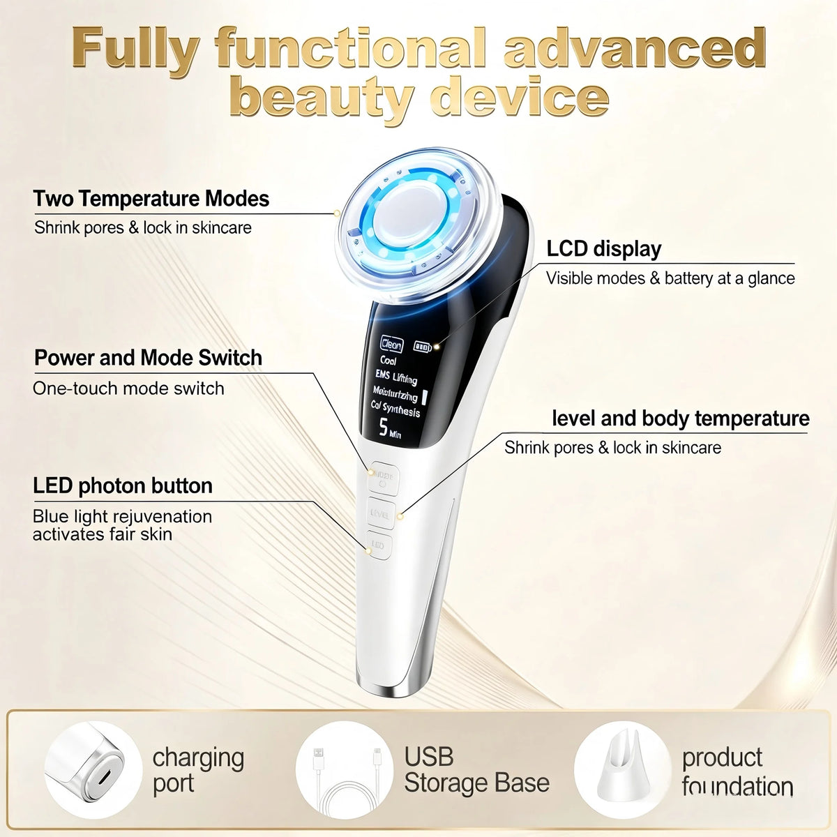 5-in-1 Microcurrent Facial Massager – Red & Blue Light, Cooling, Ion & Skin Tightening Beauty Device