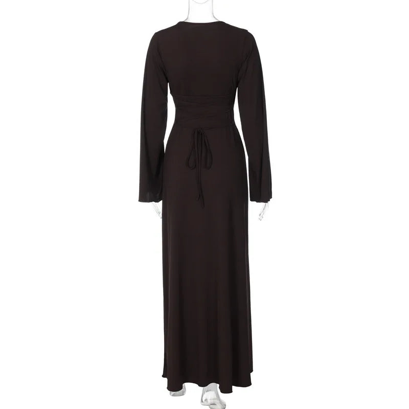 Long Flare Sleeve Maxi Dress — Slim Lace-Up Floor-Length Casual Office Dress