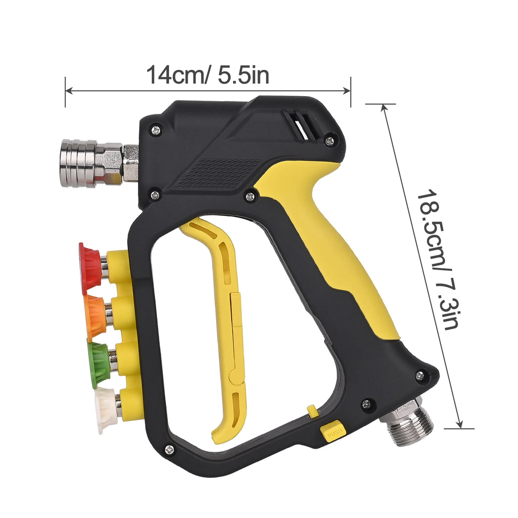 5000PSI Short Pressure Washer Gun – M22-ID14mm Inlet, 1/4" Quick Connector & 4-Slot Nozzle Holder, Foam Cannon Compatible