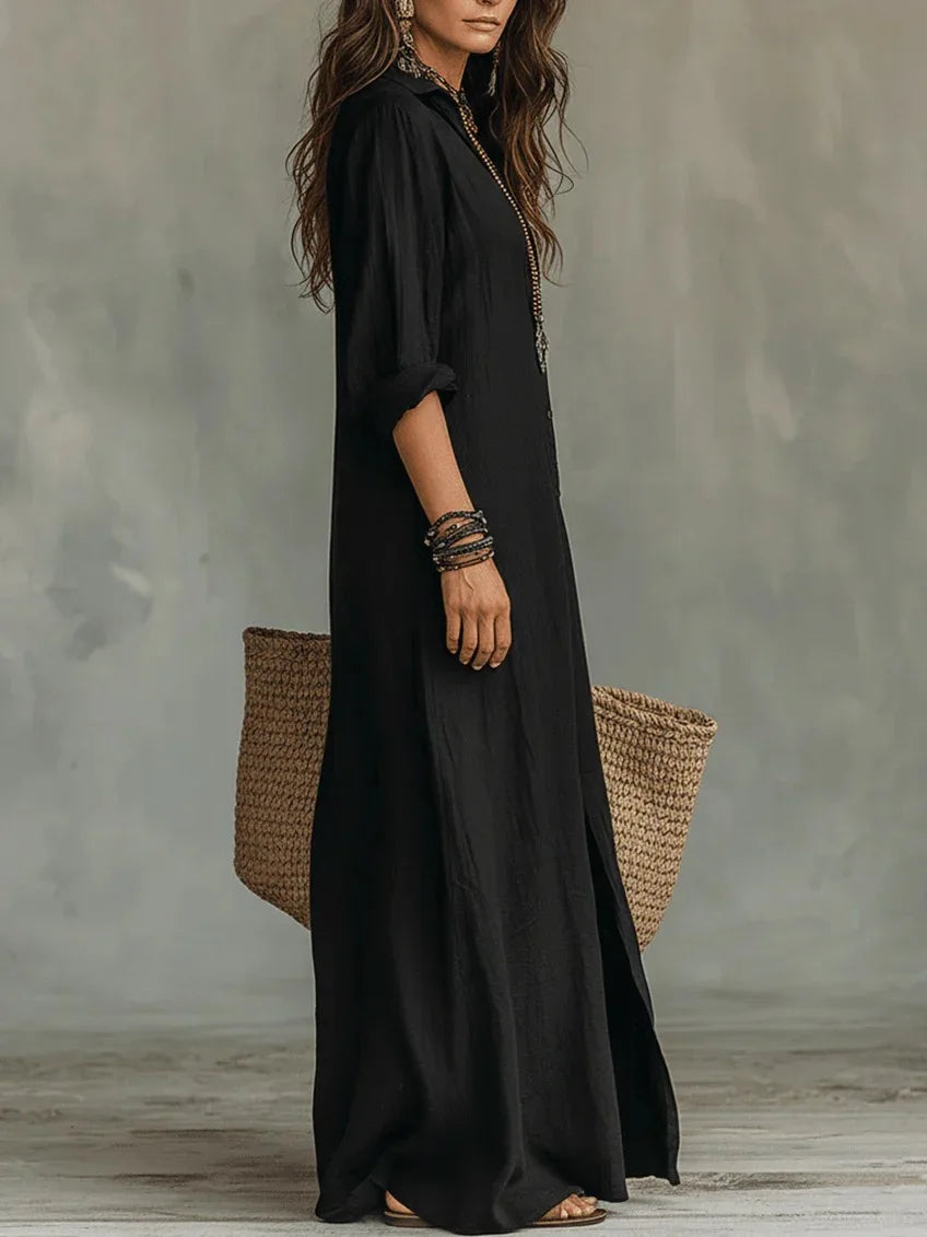 Women's Casual Long Sleeve Loose Maxi Dress – Solid Color Turn-Down Collar Beach & Elegant Dress