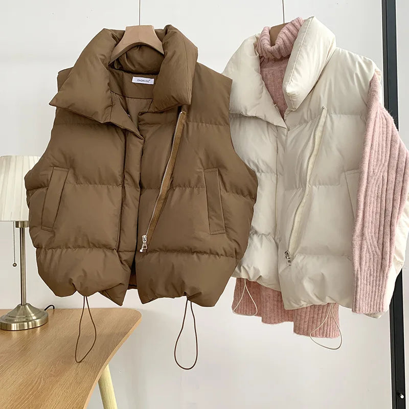 Women's Sleeveless Down Vest – Thick Zip-Up Adjustable Waist Winter Outerwear