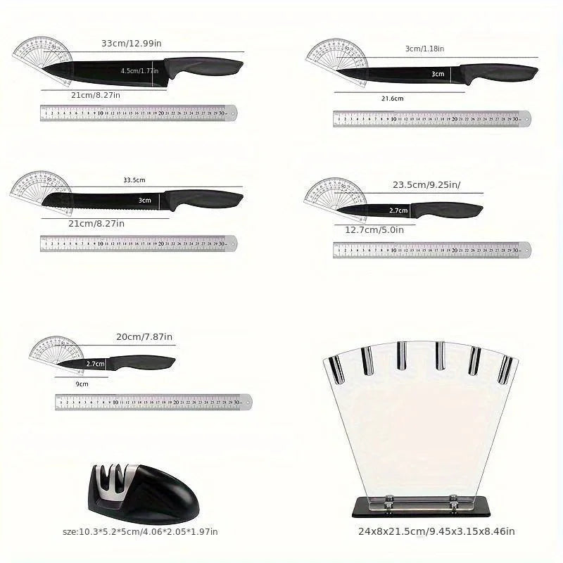 7-Piece Black Professional Chef Knife Set with Acrylic Holder – High Carbon Stainless Steel, Non-Stick Blades