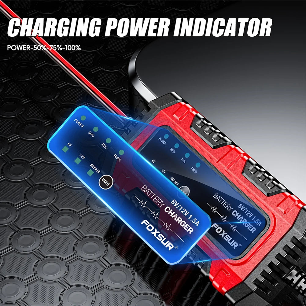 6V/12V 1.5A Smart Car & Motorcycle Battery Charger – Lead-Acid AGM GEL Charging Unit
