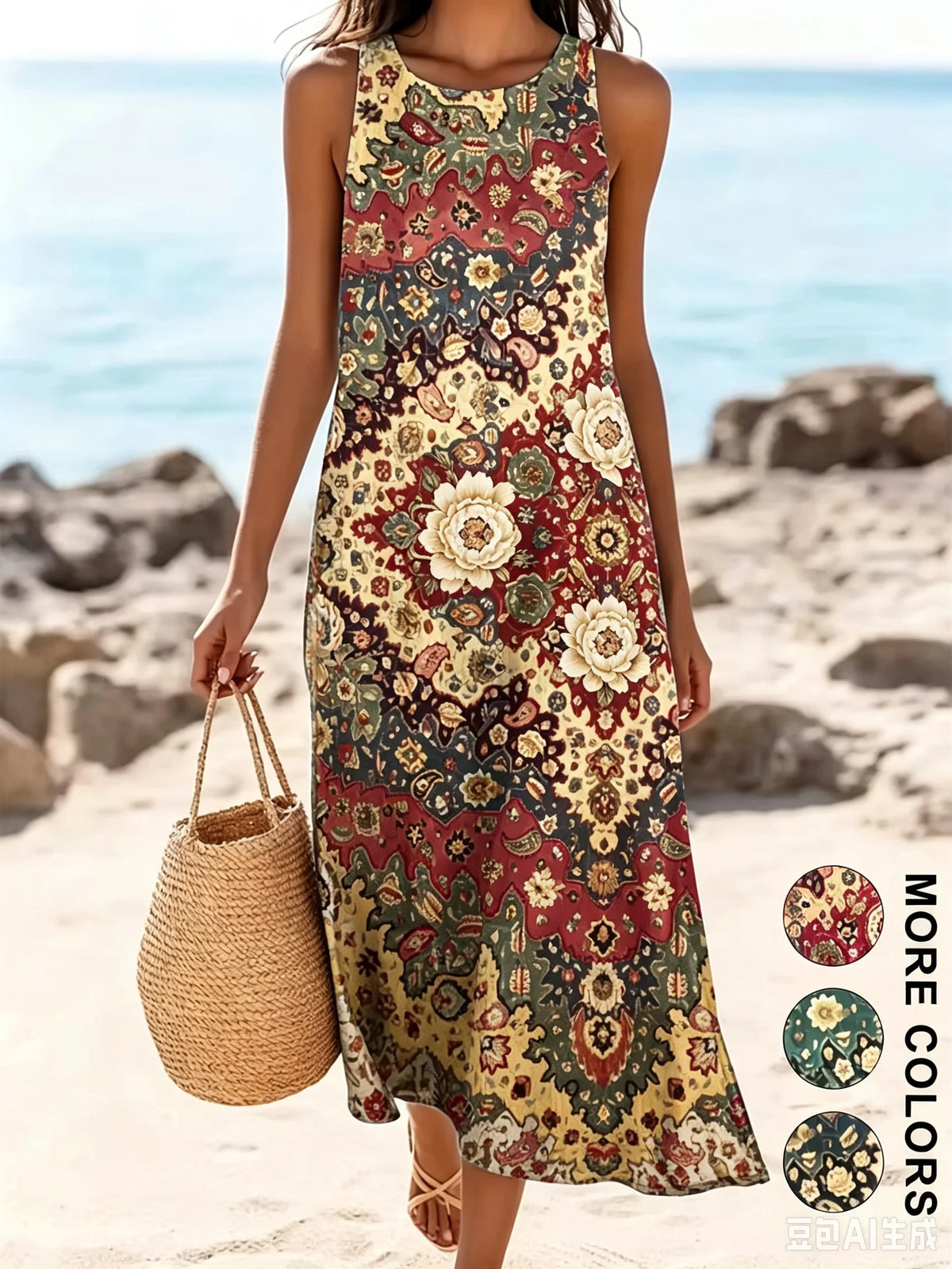 Women's Bohemian Floral Sleeveless MIDI Sundress with Pockets – Loose Sweetheart Beach Dress 2026